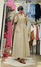 Belden Bağlamalı Tesettür Kadın Elbise Krem