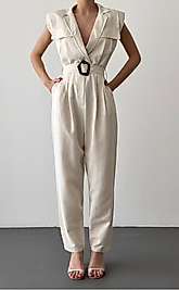 Kuşaklı Vatkalı Kolsuz Bej Kadın Keten Tulum