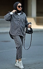 Antrasit Tesettür Kot Gömlek Pantolon Takım