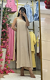 Kadın Keten Ayarlanabilir Askılı Krem Renk Elbise