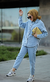 Önden Düğmeli Kot İkili Kadın Takım