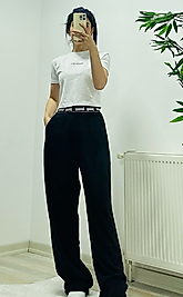 Yazı Detaylı Siyah Kadın Pantolon