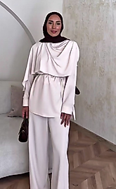 Yazlık Bej Keten İkili Takım Kadın