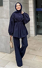 Kolları Piliseli Lacivert Kadın İkili Takım