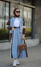 Kahverengi Detaylı Denim Etekli Takım Kadın