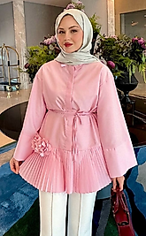 Çiçek Detaylı Pembe Piliseli Kadın Tunik