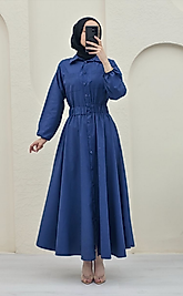 Boydan Düğmeli Çift Cepli Poplin Kadın Elbise