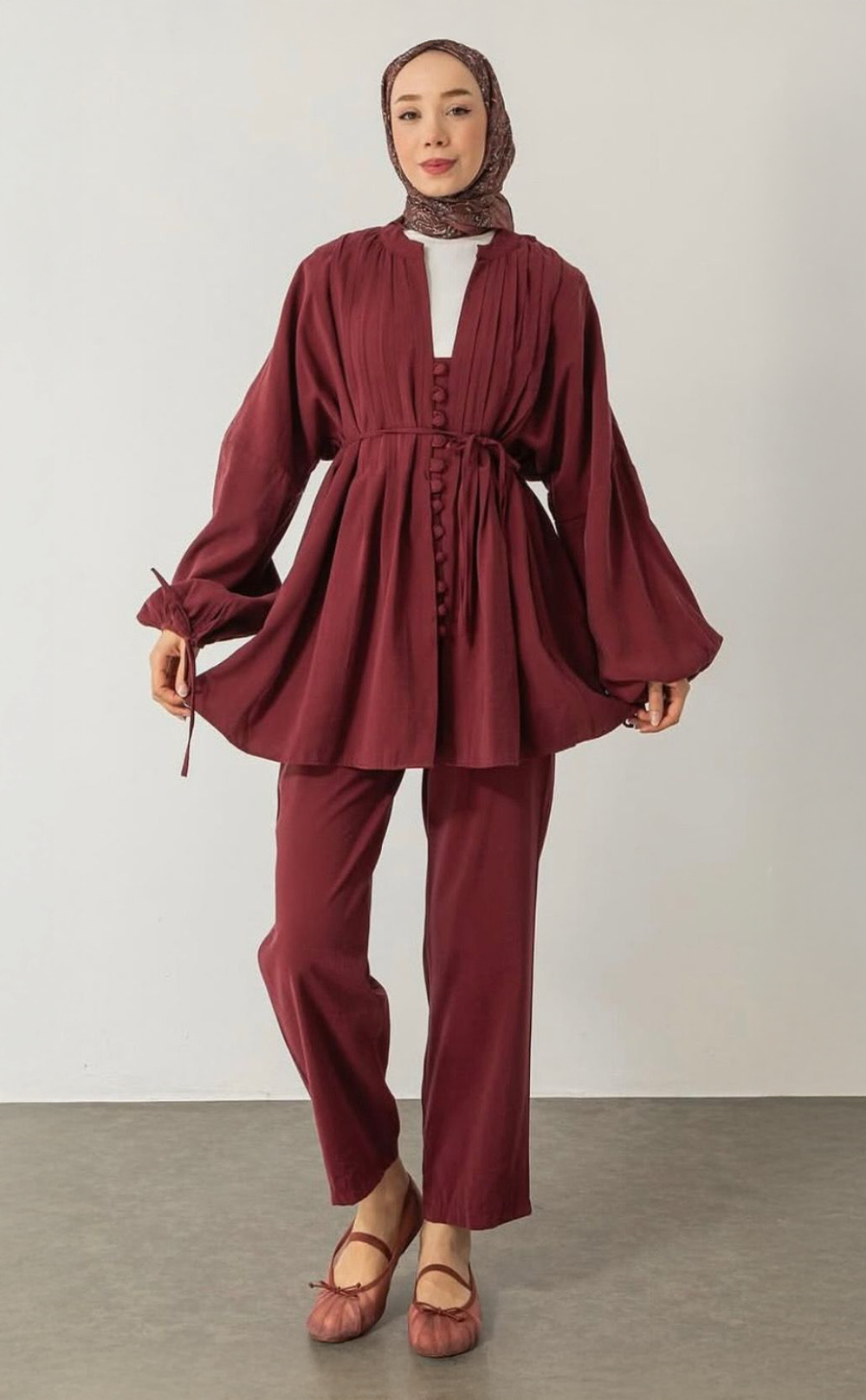 Nervür Tunikli Bordo Kadın Takım