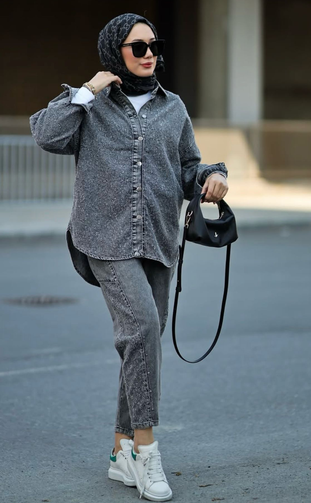 Antrasit Tesettür Kot Gömlek Pantolon Takım