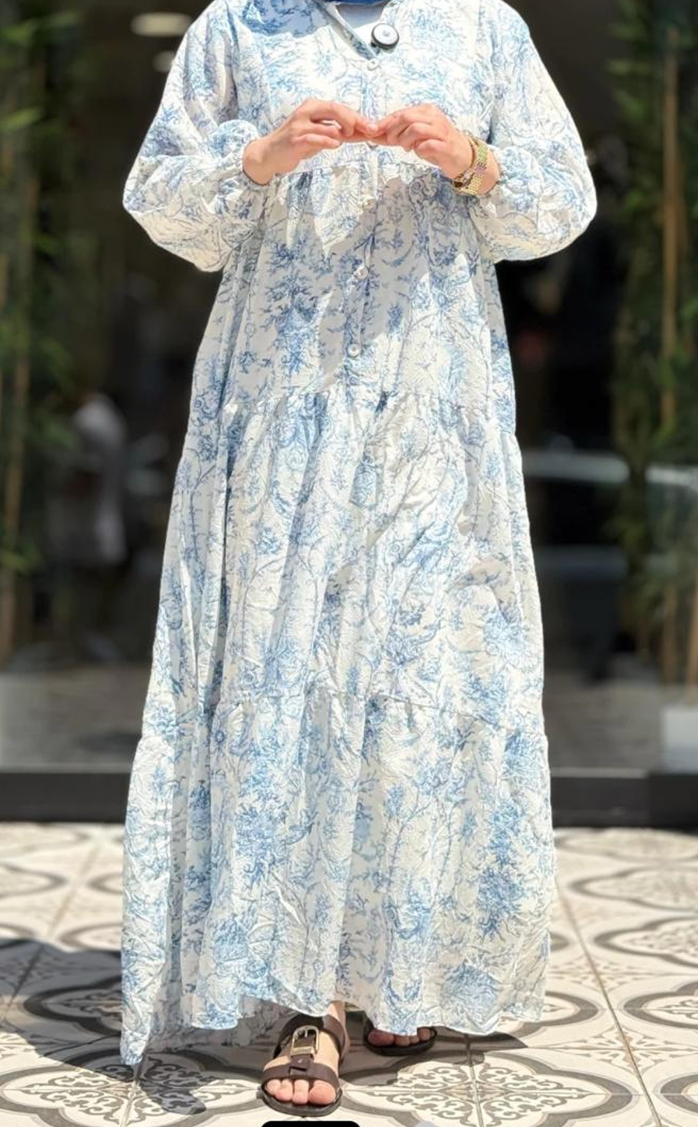 Mavi Çiçek Desenli Kadın Elbise